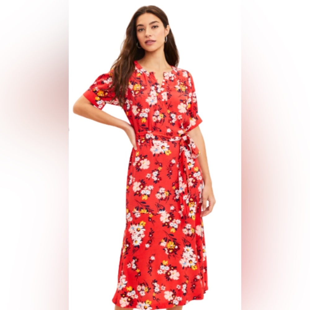 LOFT Red Floral Midi Shirt Dress with Tie Waist Sz 00P